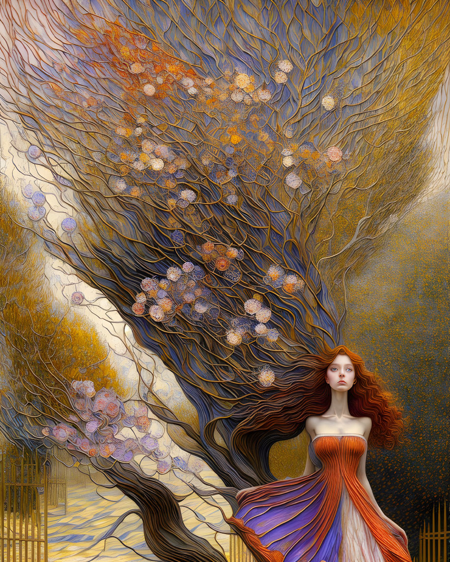 Surreal artwork: Woman's hair merges with blooming tree on golden backdrop