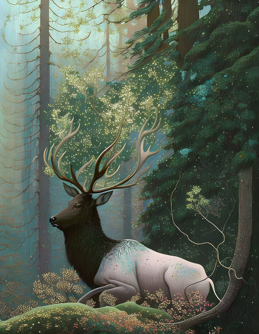 Majestic deer with expansive antlers in lush green forest