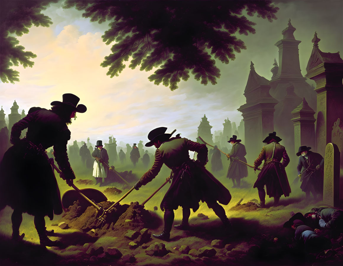 Men in period clothing digging a grave in somber, green-hued landscape