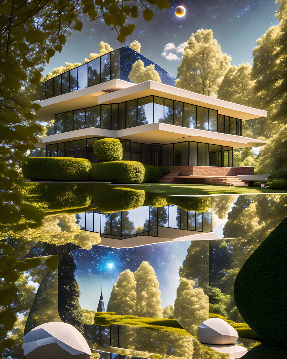 Contemporary multi-level house with glass walls in lush green surroundings, reflected on water under starry sky