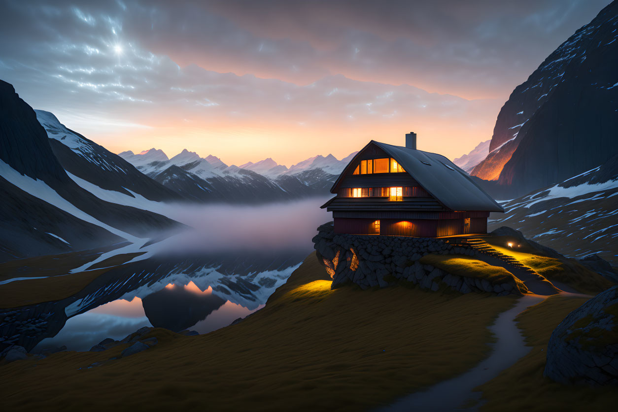 House on Mountain Edge at Dusk with Reflective Lake