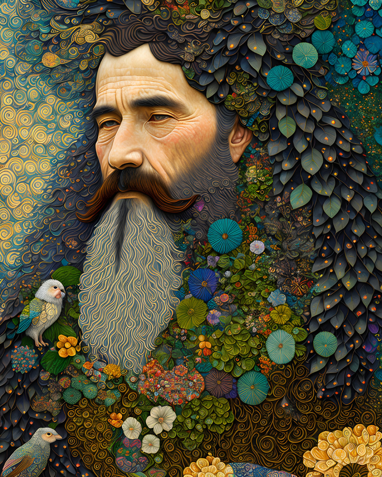 Bearded man with flora, fauna, patterns, and birds integrated.