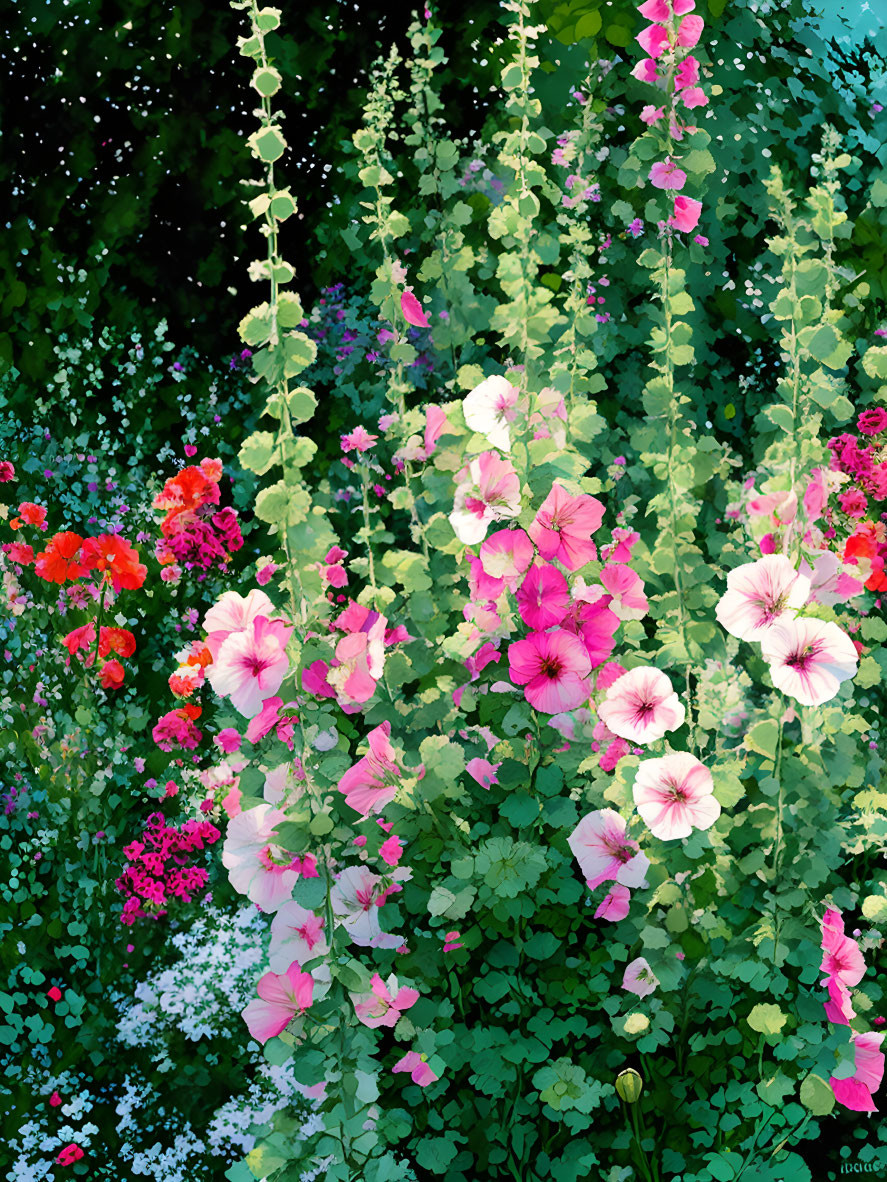 Colorful garden with tall pink and red hollyhocks and lush green plants