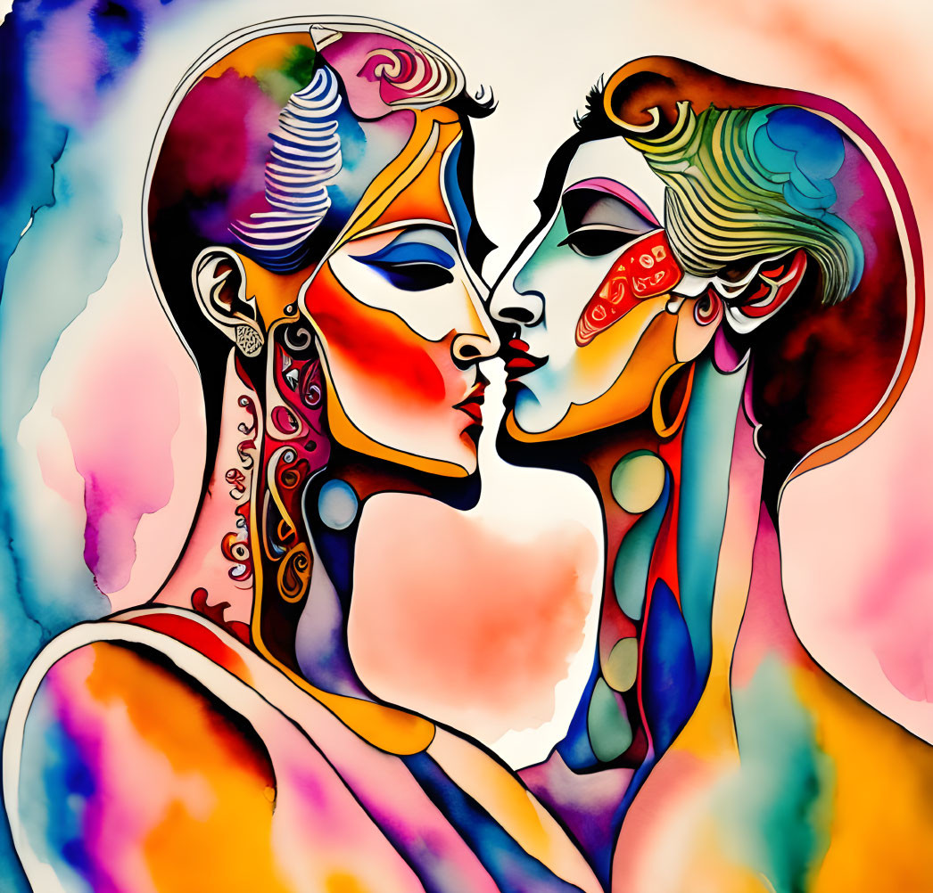 Stylized profile faces about to kiss with vibrant watercolor washes