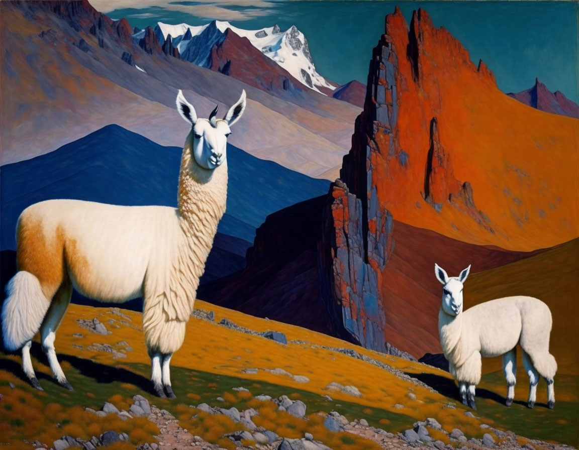 Vibrant surreal landscape with stylized llamas & sharp blue mountains