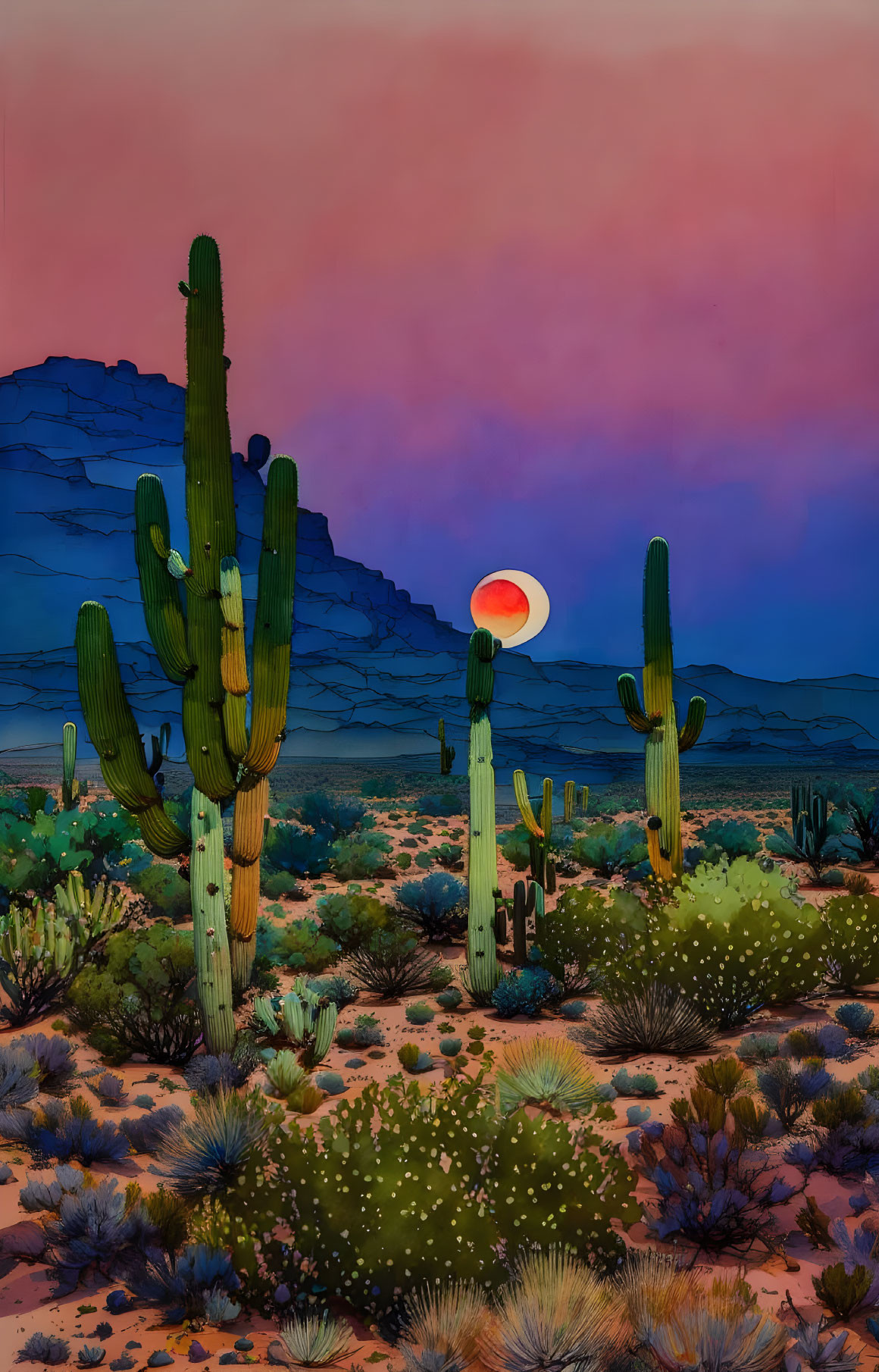 Colorful sunset behind saguaro cacti, desert flora, and mountains