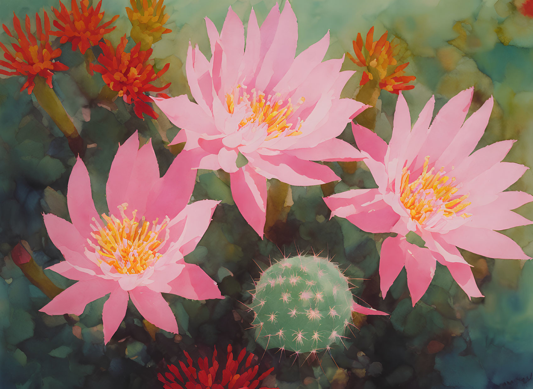 Vibrant pink water lilies painting with cactus and red blooms