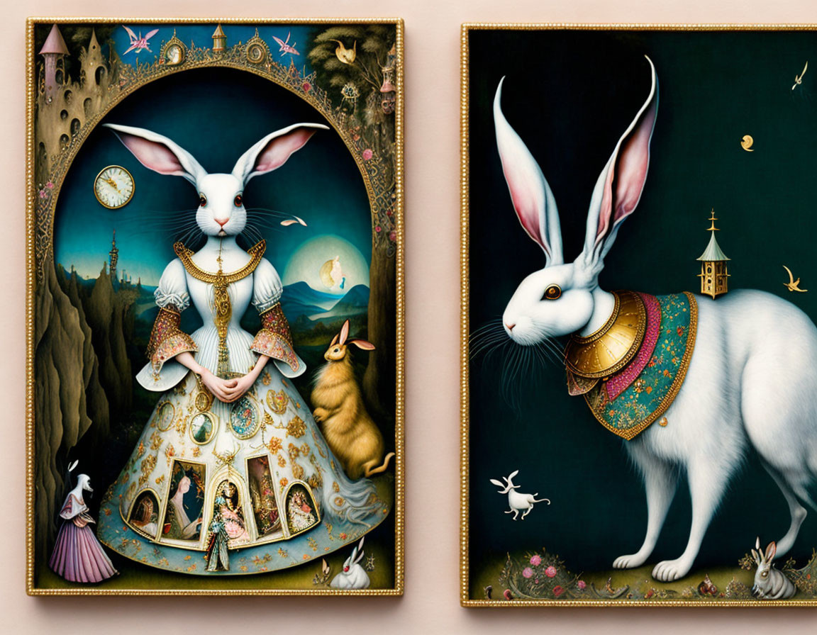 Anthropomorphic White Rabbit Artwork with Whimsical Themes