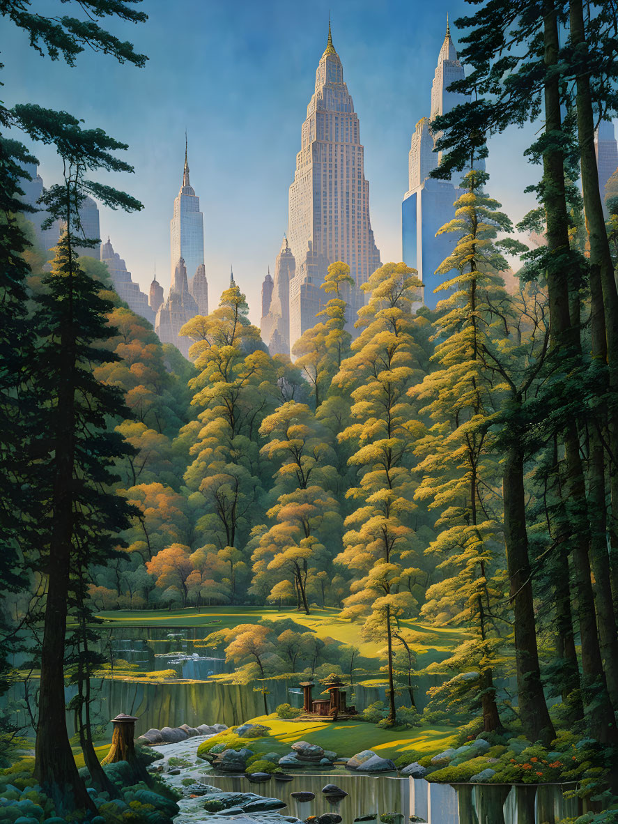 Tranquil forest and waterfalls meet towering skyscrapers in surreal scene