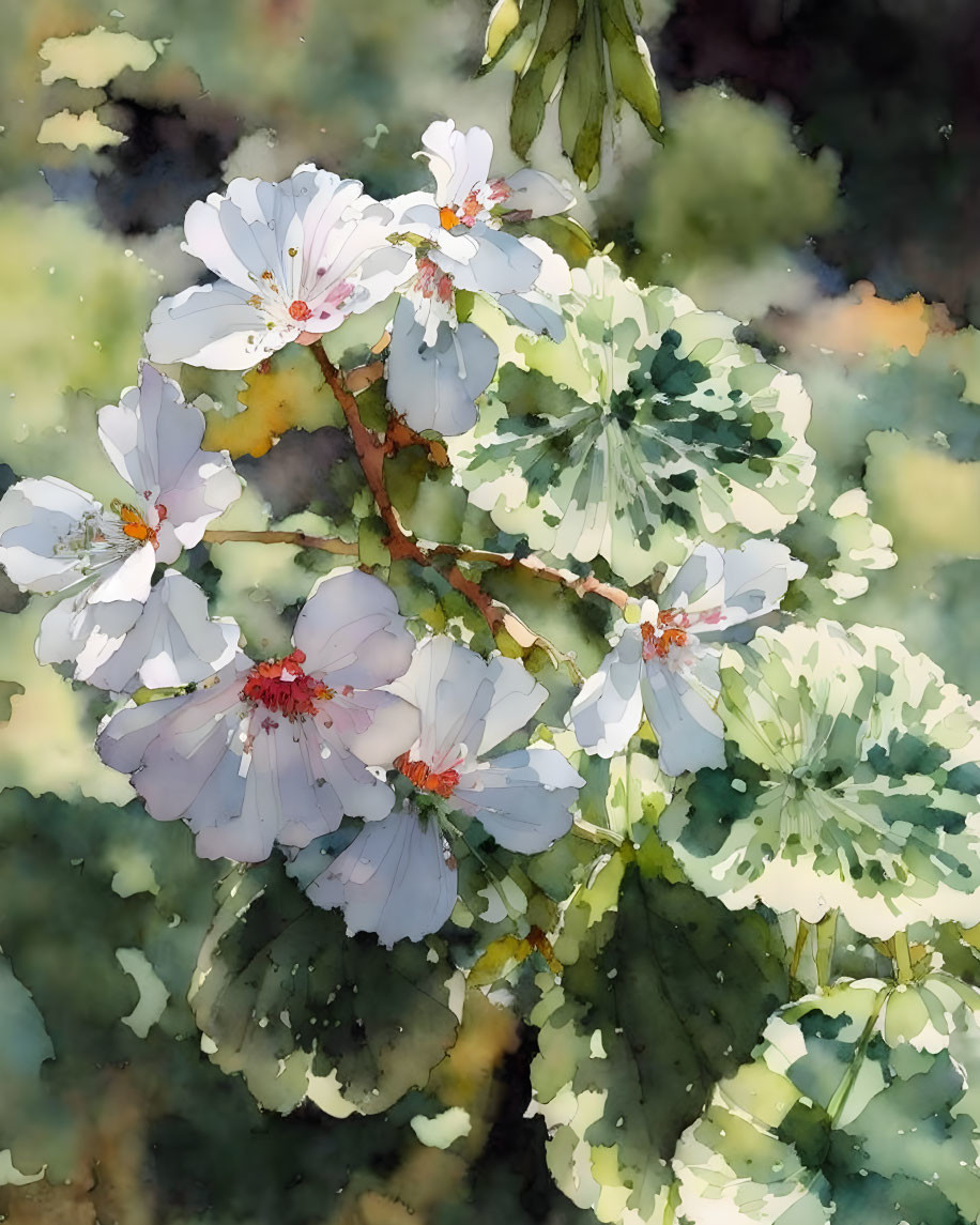 Delicate White Flowers with Pink Centers in Watercolor