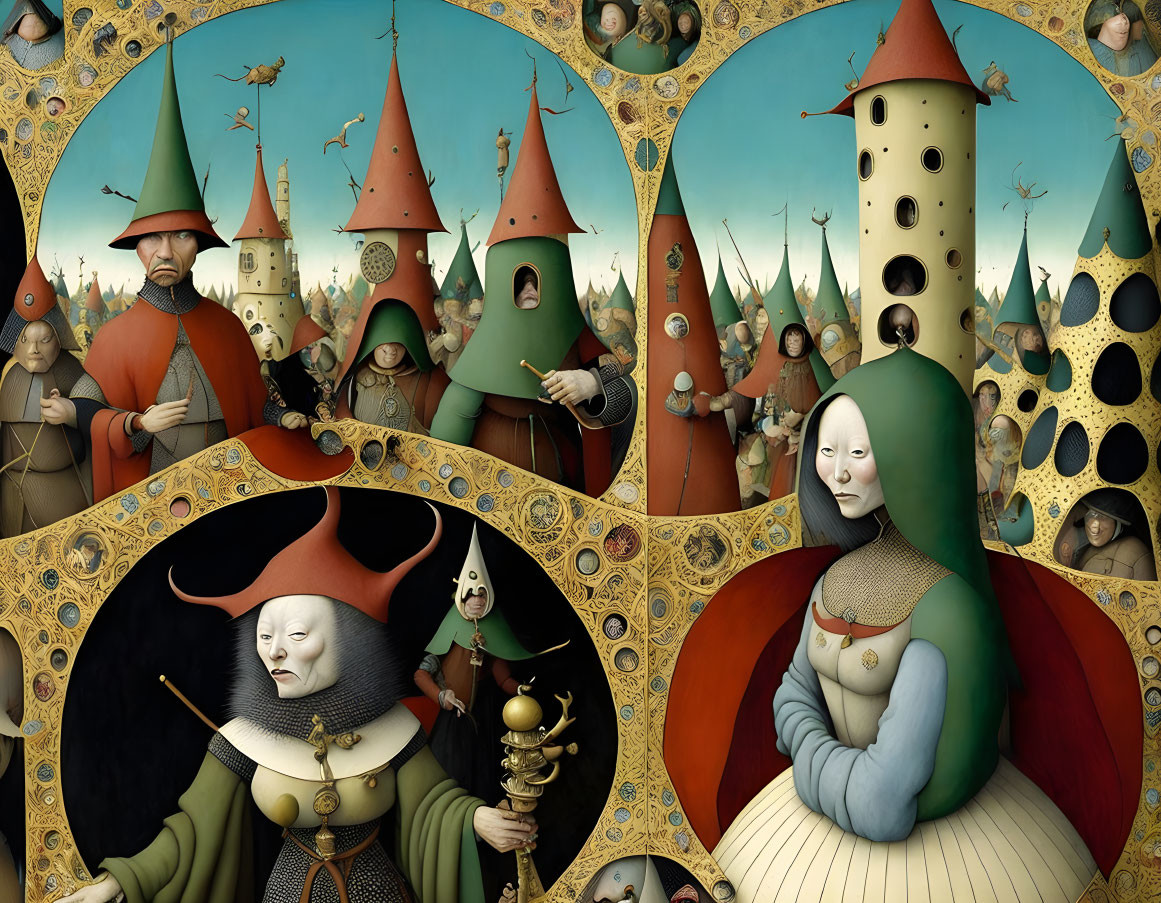 Fantastical Characters in Surreal Landscape with Elongated Hats