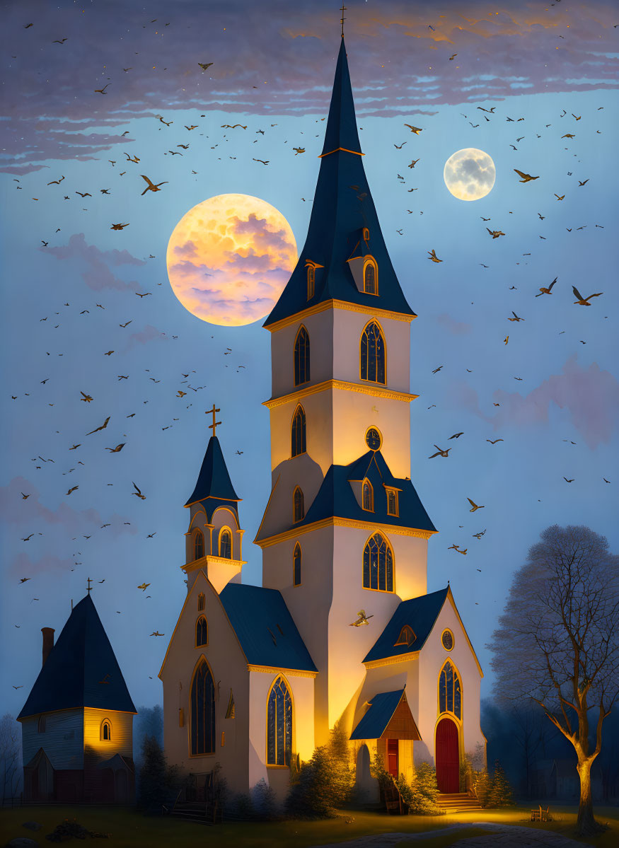 Twilight church illustration with lit windows, full moon, and flying birds