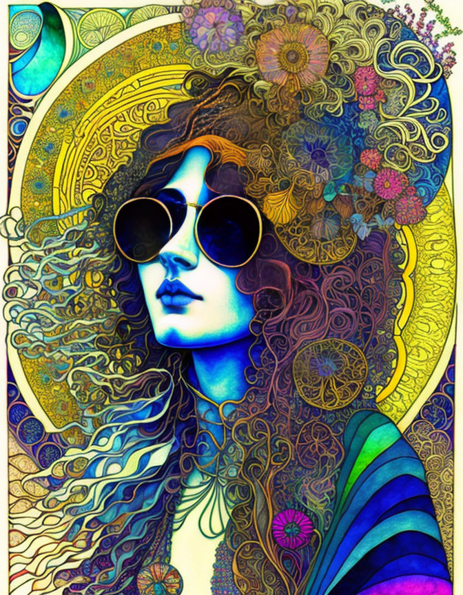 Colorful Psychedelic Artwork of Woman with Flowing Hair and Round Sunglasses