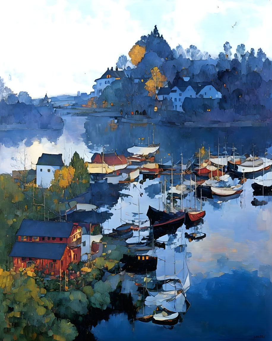 Tranquil harbor scene with boats, calm waters, serene sky, and autumn trees