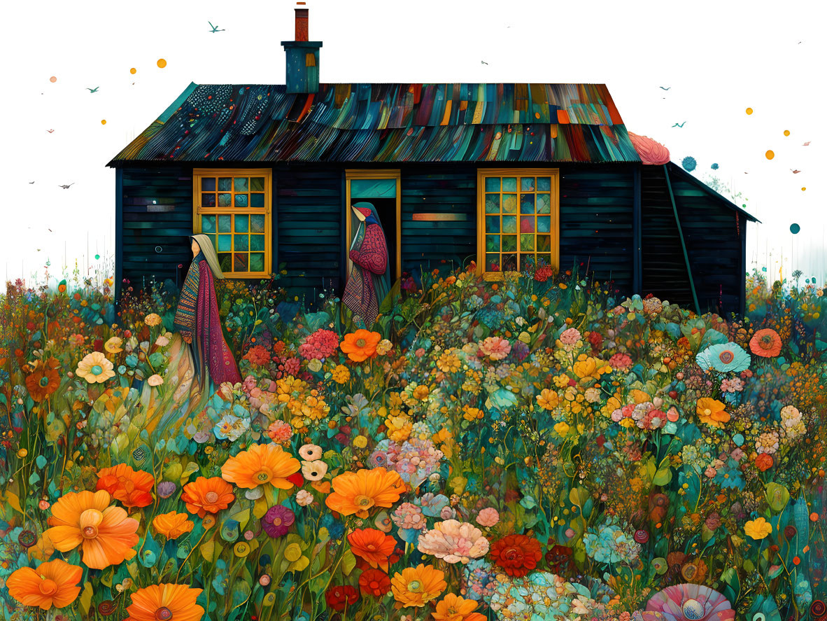 Colorful flower field with rustic cabin and birds in dotted sky