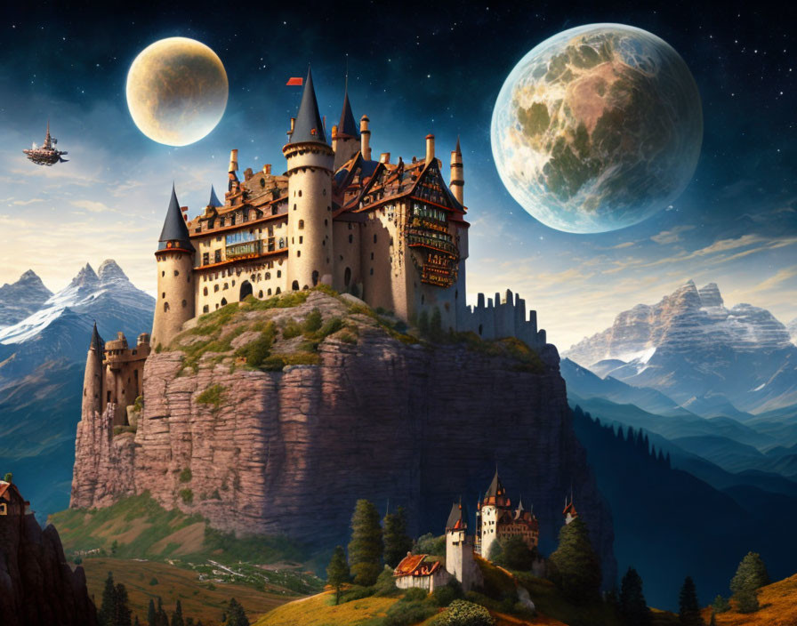 Fantastical castle on steep cliff with twin moons, blimp, and mountains