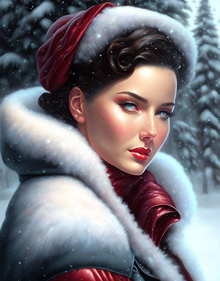 Digital portrait of woman with blue eyes and red lipstick in red hat and white fur collar, against snowy