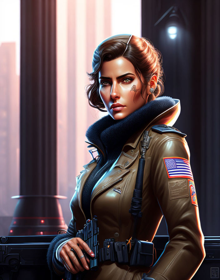 Digital artwork: Woman with dark hair in military jacket against urban backdrop