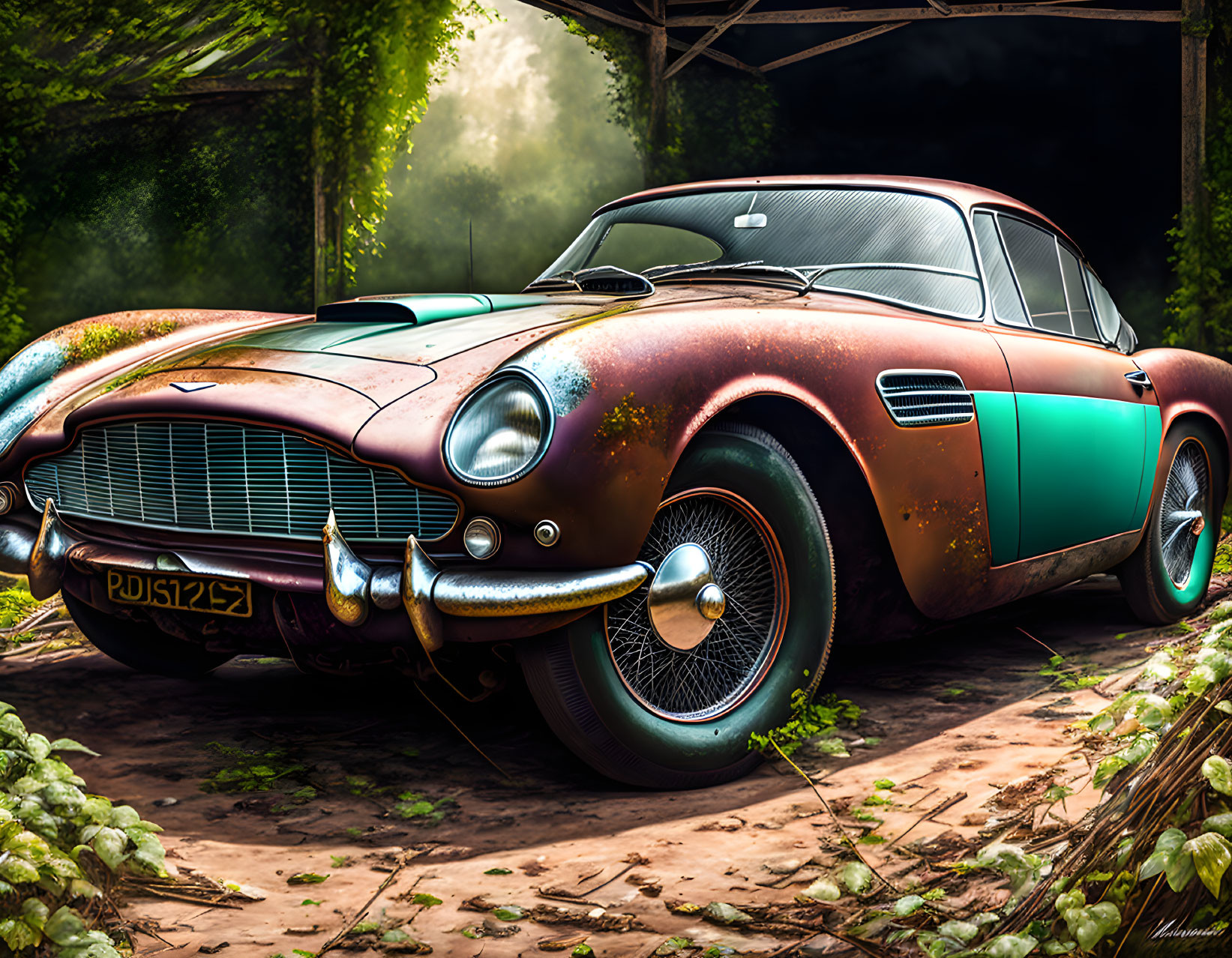 Vintage car with rusty brown and green paint in lush nature setting