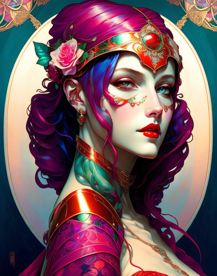 Fantasy female character with purple hair and gold jewelry on teal background