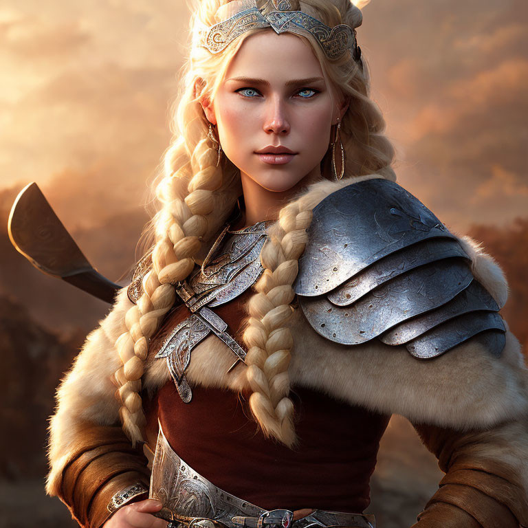 Blonde-haired female warrior in ornate armor against dusky sky