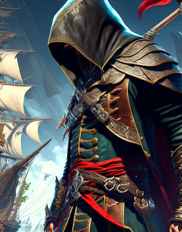 Cloaked Figure in Ornate Armor Stands by Ships and Blue Sky