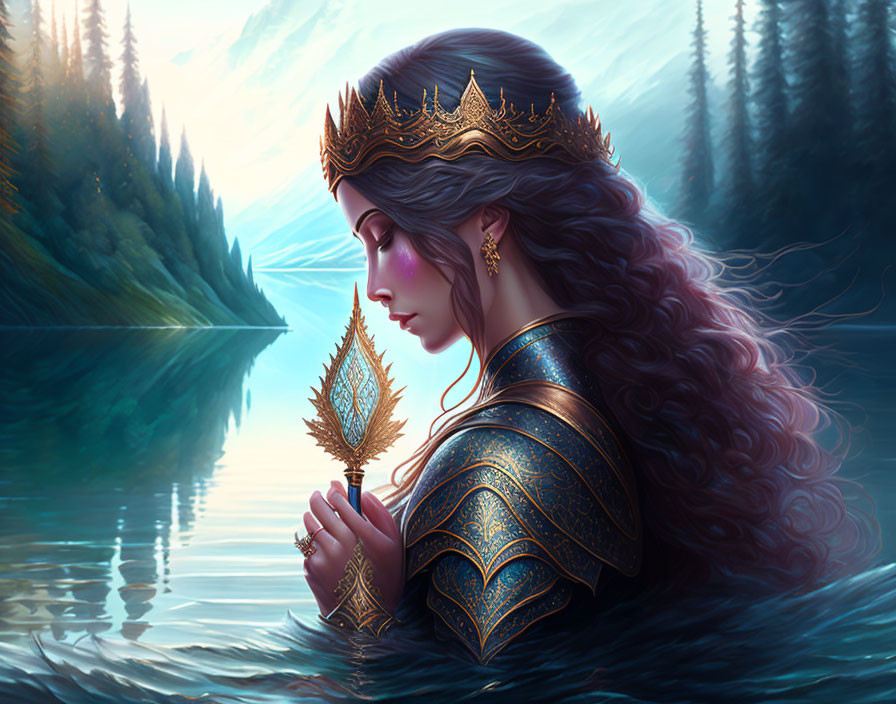 Regal woman in ornate armor with golden crown by forest lake at dusk