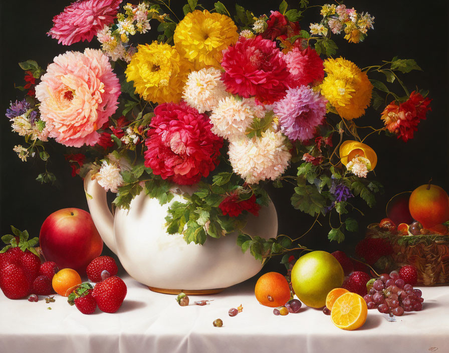 Colorful Still-Life Painting with White Vase and Fruit on Dark Background