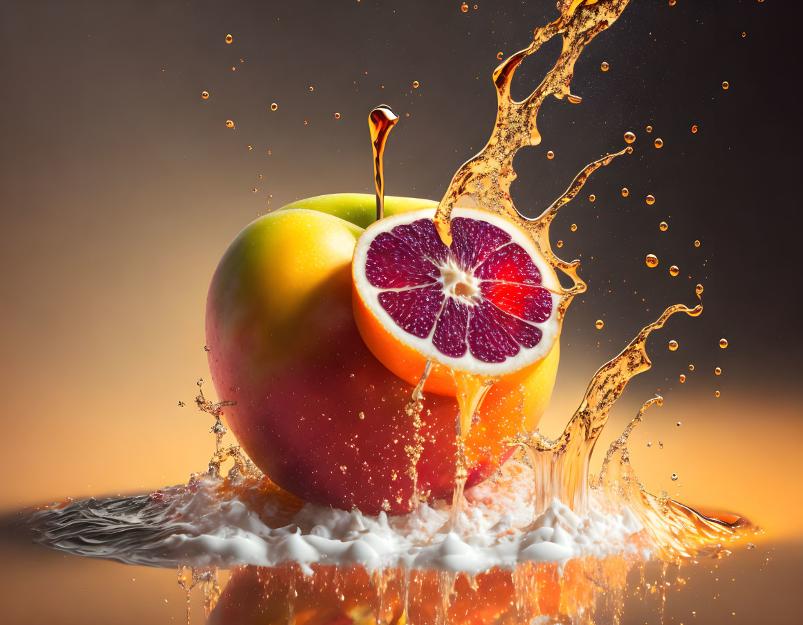 Composite Apple with Various Fruit Textures and Liquid Splash on Gradient Background