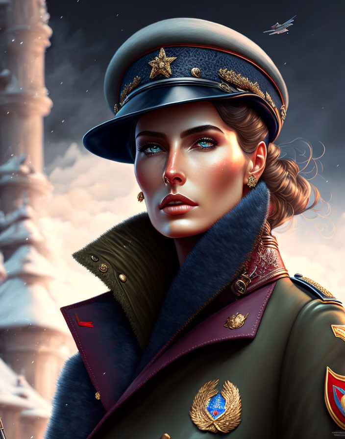 Woman with Blue Eyes in Military Uniform Amid Snowy Landscape