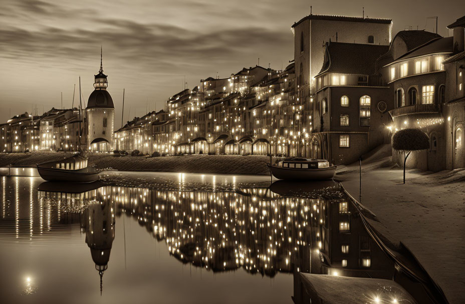 Serene waterway at twilight with traditional buildings, illuminated lights, and moored boats