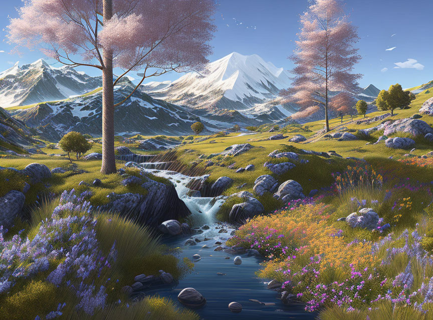 Colorful landscape with stream, wildflowers, trees, and mountains