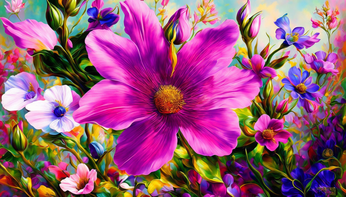 Colorful digital artwork: Central pink flower surrounded by vibrant foliage.