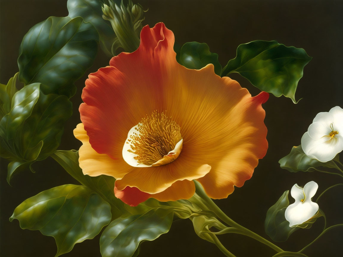 Vibrant painting of large orange flower with central stamen surrounded by green leaves.