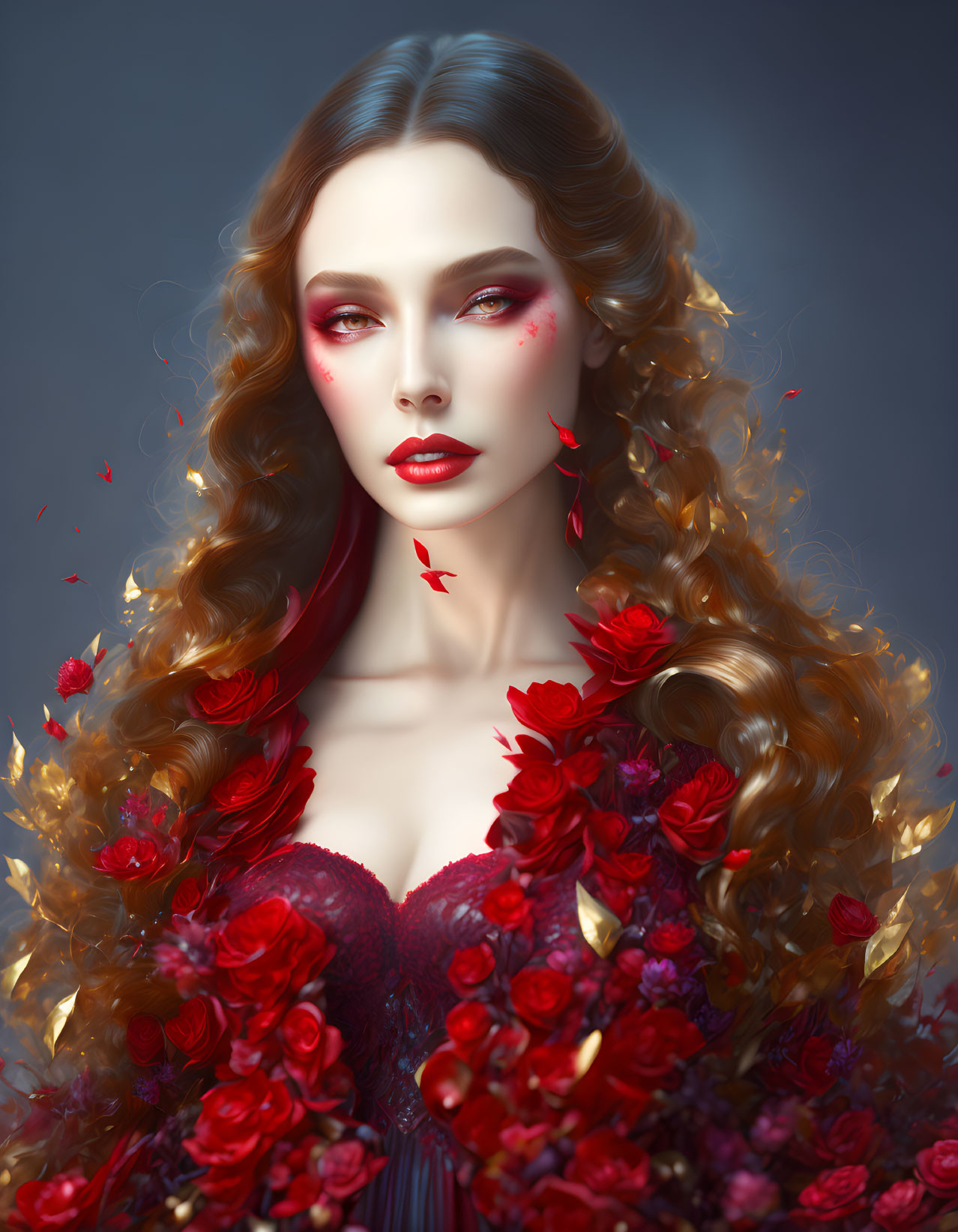 Digital Artwork: Woman with Curly Hair, Red Dress, Striking Makeup, Petals,