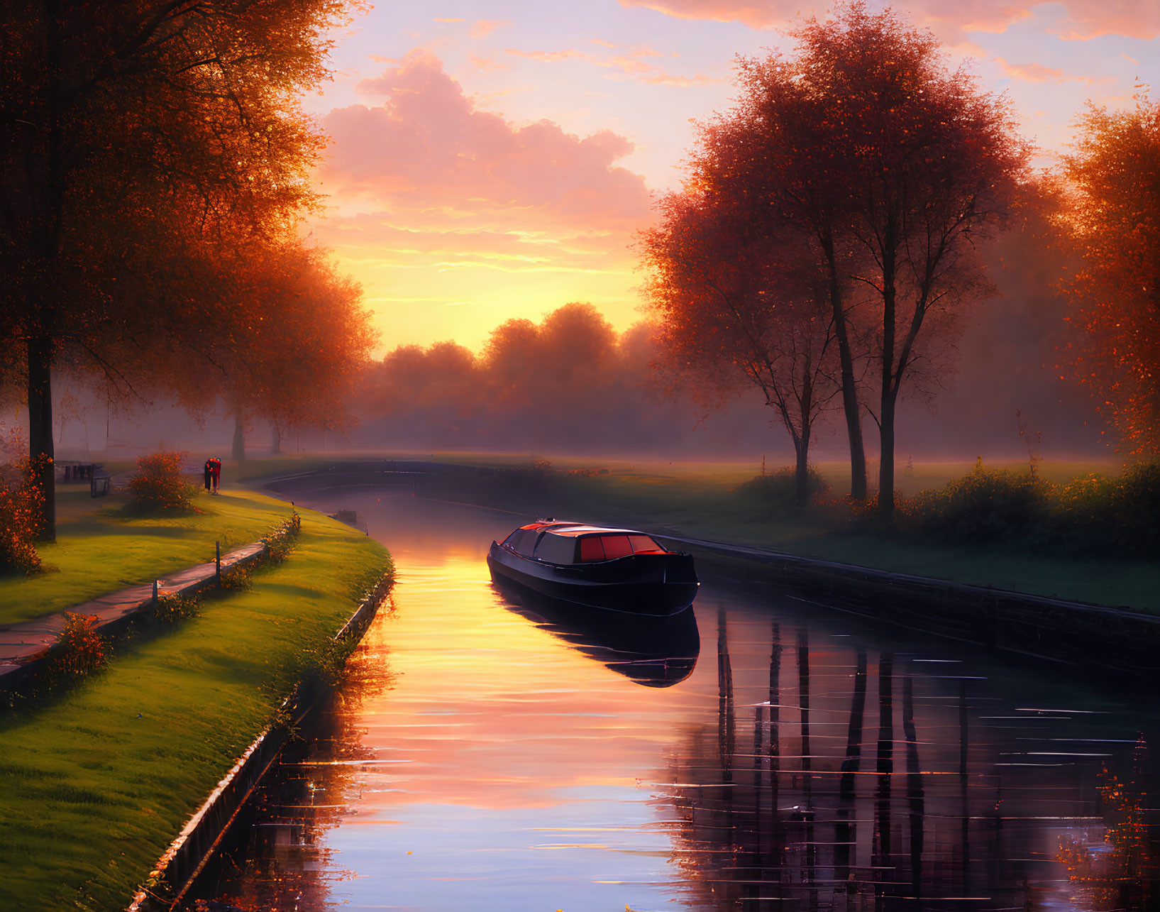 Tranquil sunrise scene with boat on calm river and autumn trees