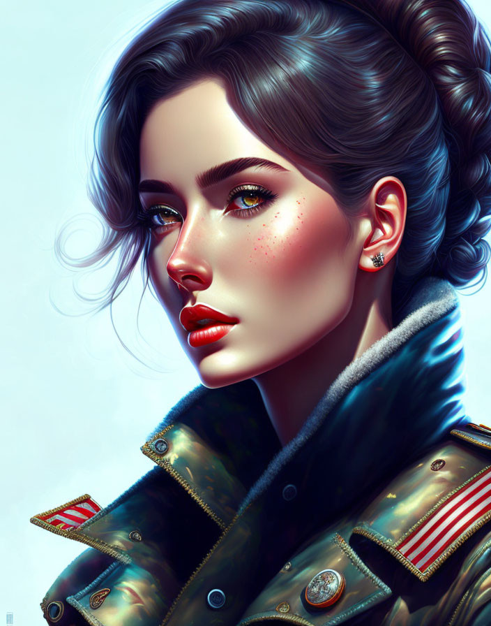 Woman with Dark Hair in Bun, Blue Eyes, Red Lipstick, Military Jacket & Rank Insign