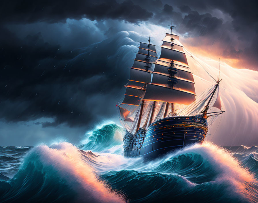 Majestic sailing ship in stormy seas at sunset