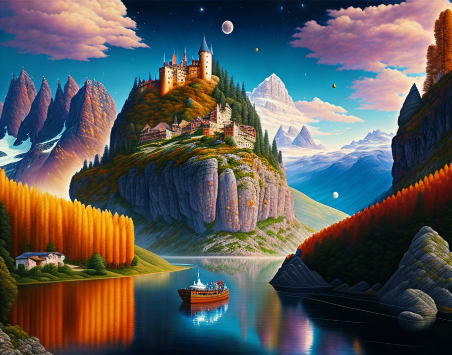 Majestic castle on cliff overlooking reflective lake & mountains at dusk