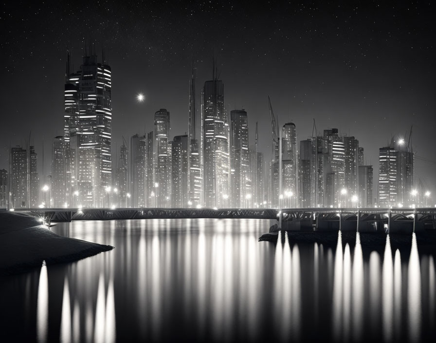 Nighttime monochrome cityscape with skyscrapers reflecting on water, lit by streetlights under star