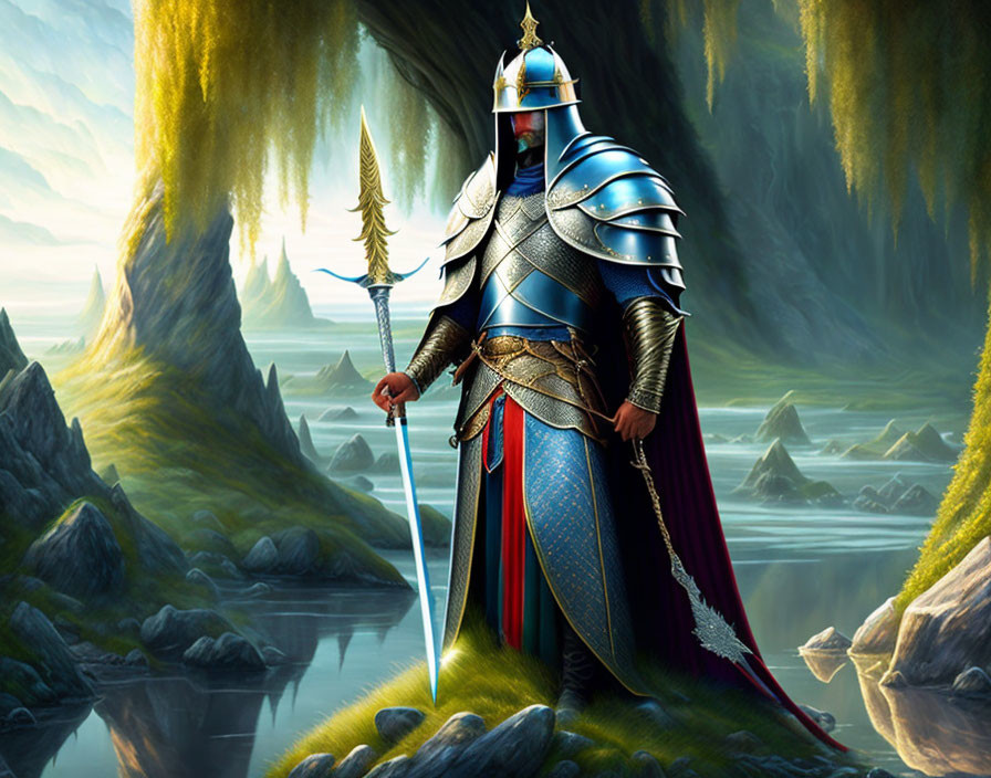 Armored knight with spear and sword in serene lake cavern.