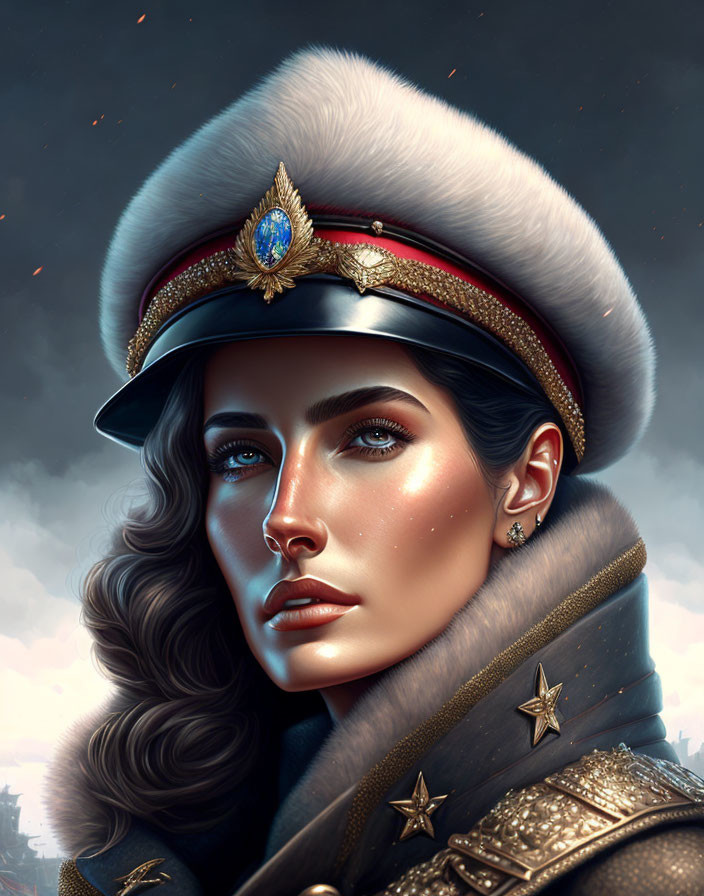 Detailed digital portrait of woman in military uniform with decorated hat against dramatic sky.