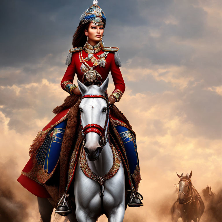 Regal woman in historical military attire riding white horse under dramatic sky