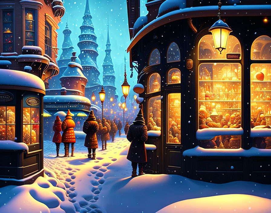 Winter Evening Scene: Snowy Streets, Cozy Shop Window, Vintage Lamps