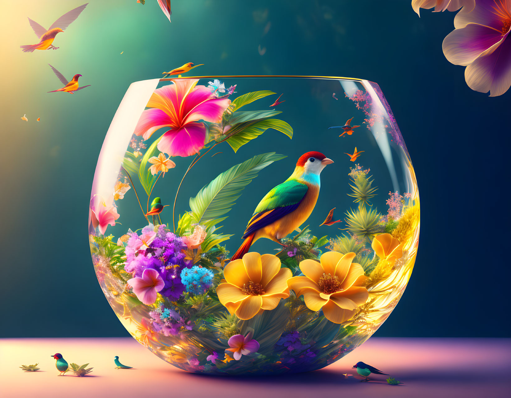 Colorful Bird in Glass Bowl Surrounded by Flowers and Birds on Teal Background