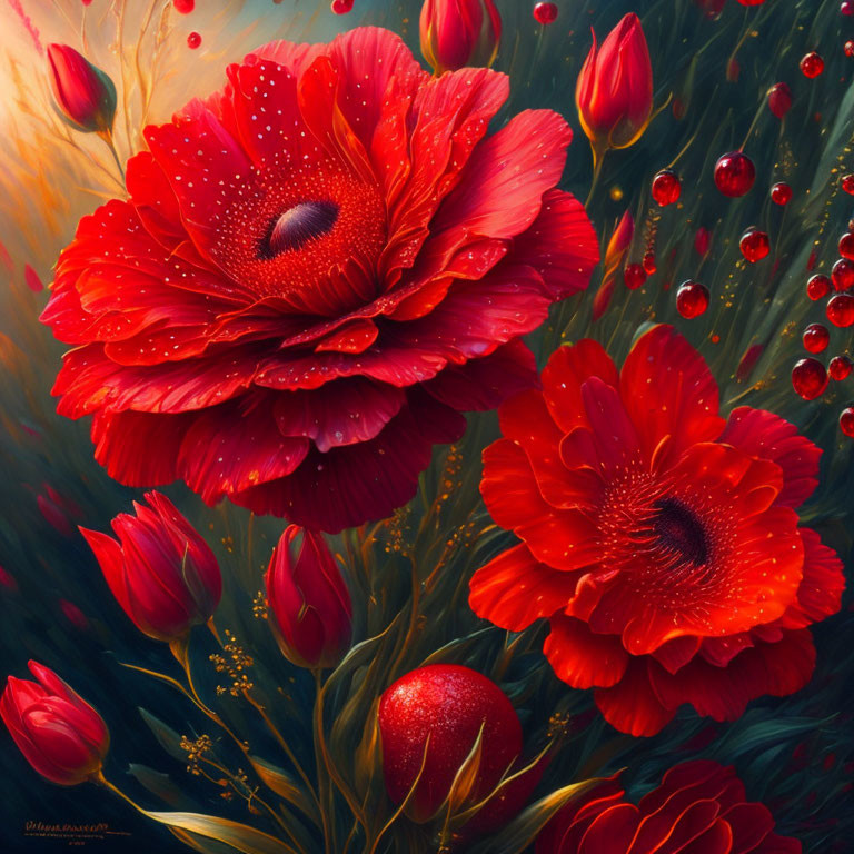 Detailed vibrant red poppies on warm background with droplets and budding flowers