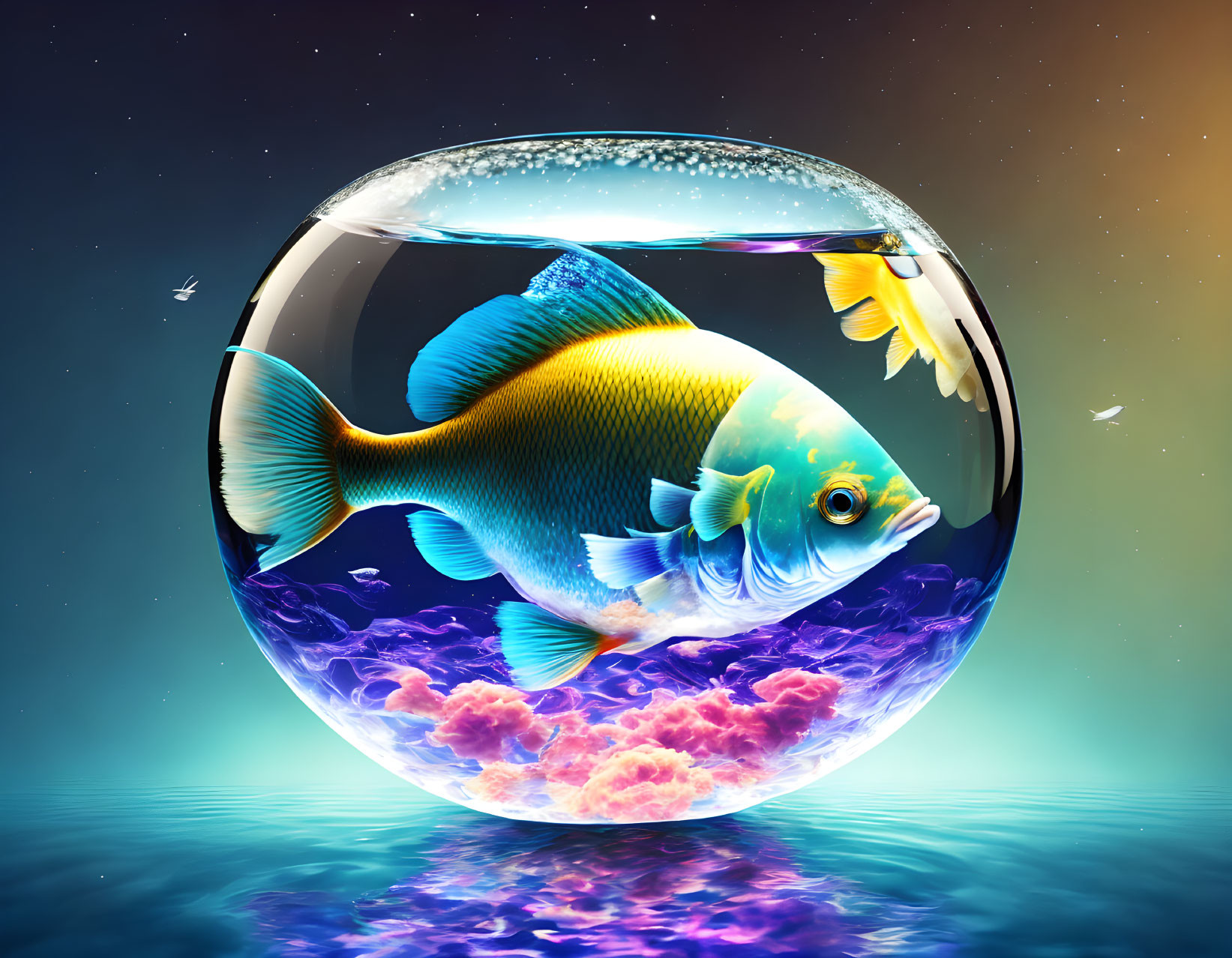 Colorful fish in spherical aquarium against cosmic backdrop