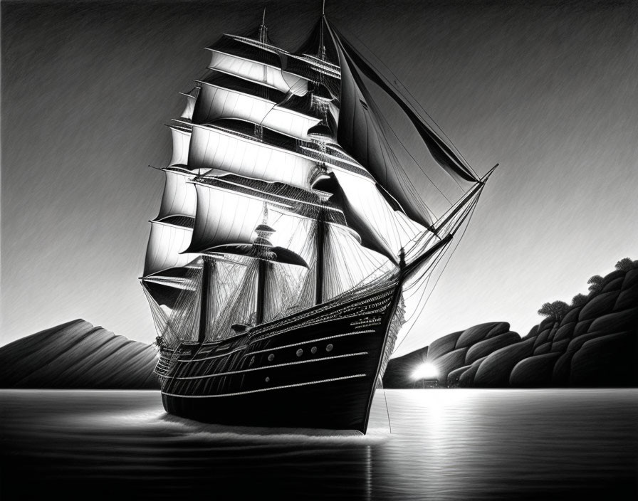 Monochrome art of tall ship sailing near rocky shore at sunset