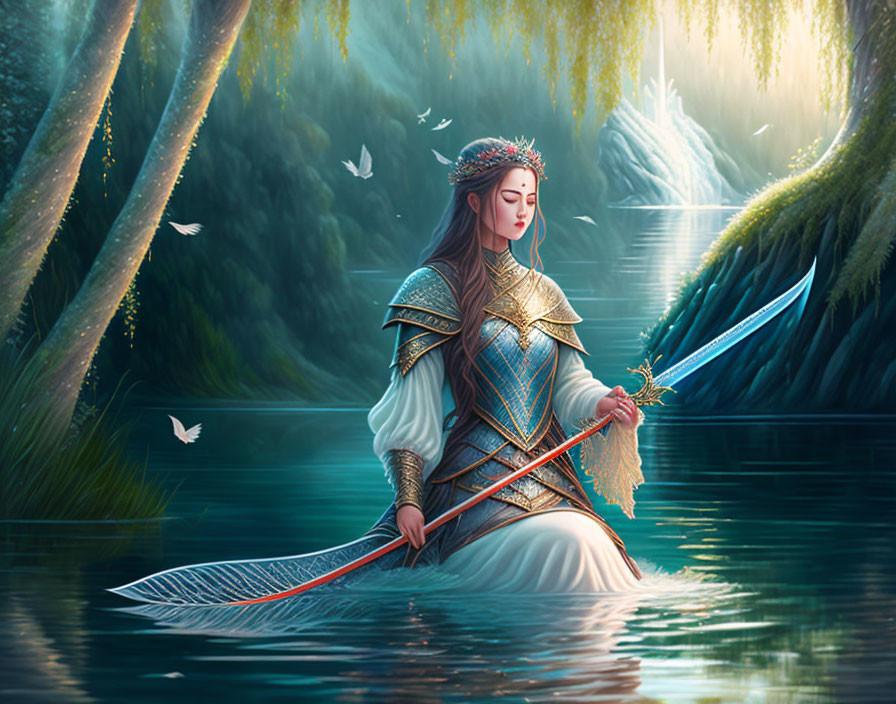 Serene warrior woman in ornate armor by mystical forest river