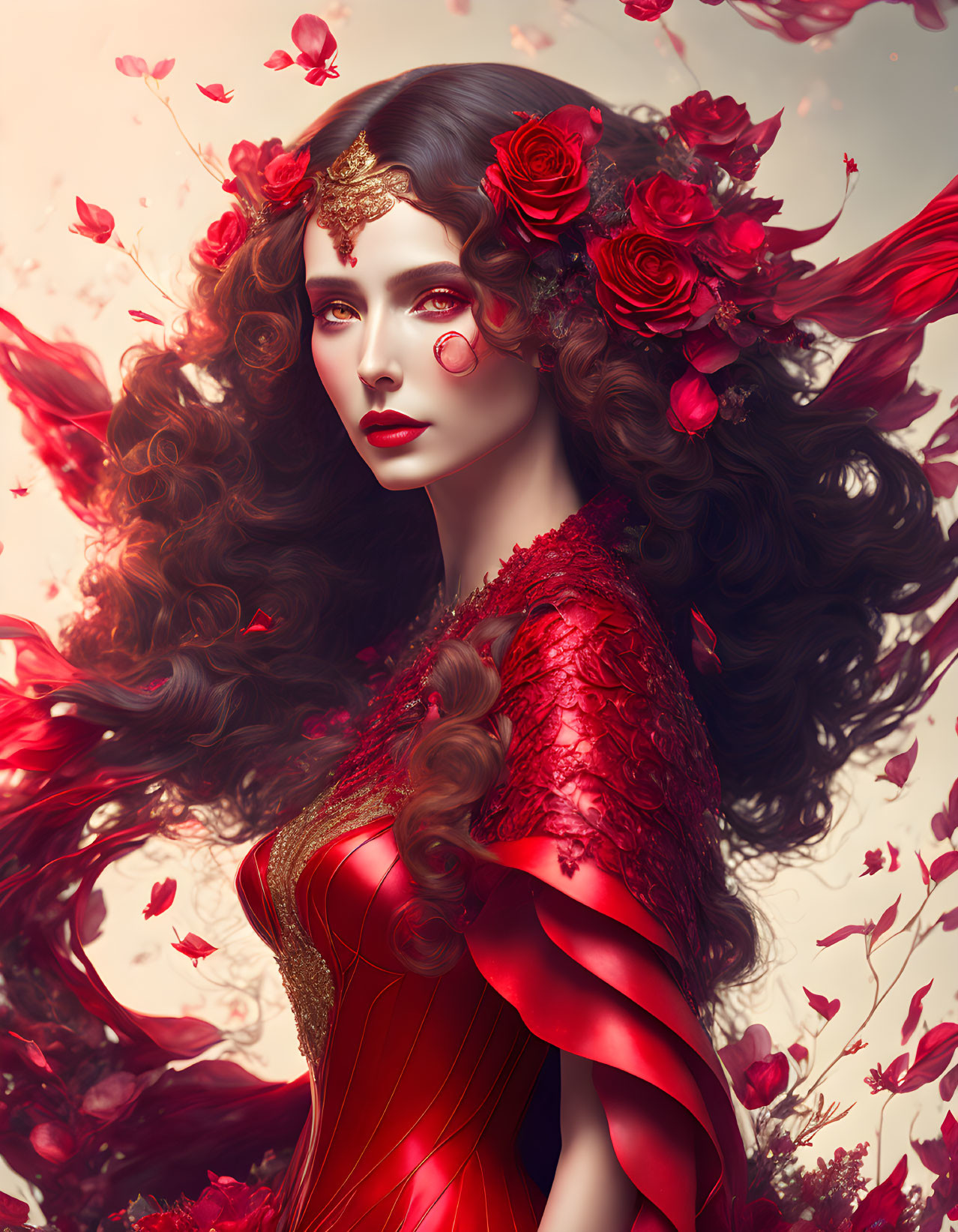 Woman with Curly Hair, Red Flowers, Leaves, Dress, and Petals